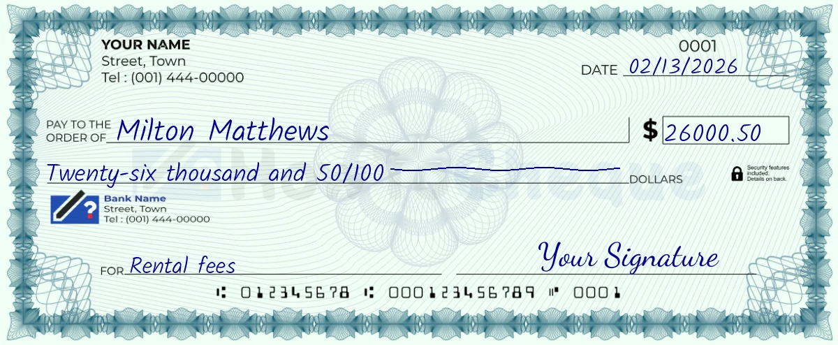 Example check of 26000 dollar 50 cent