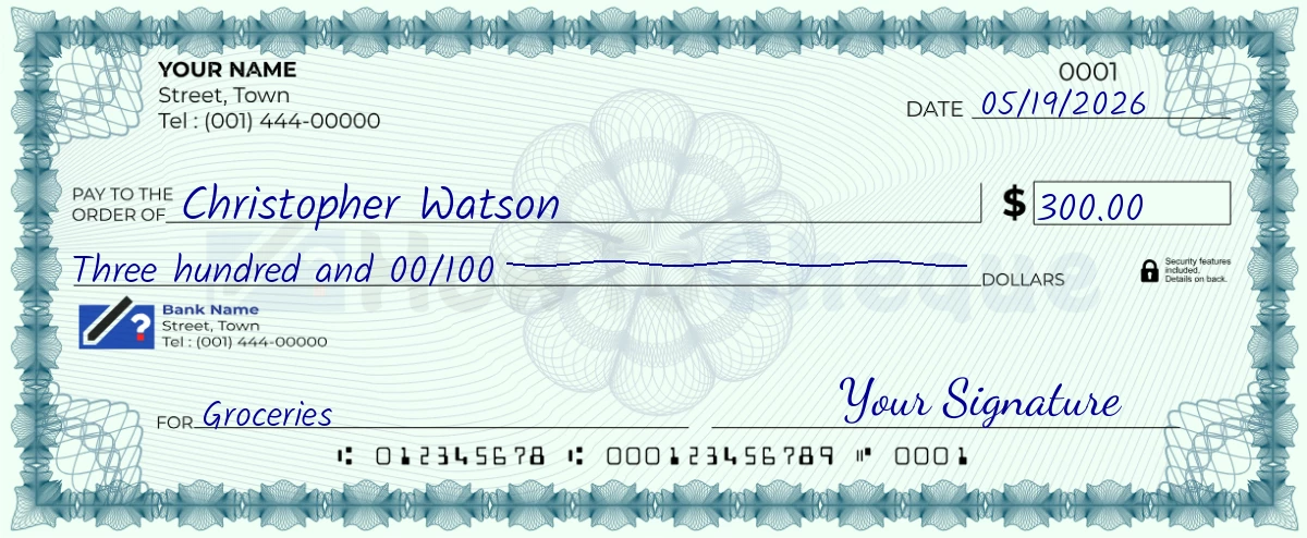 Example check of 300 dollar