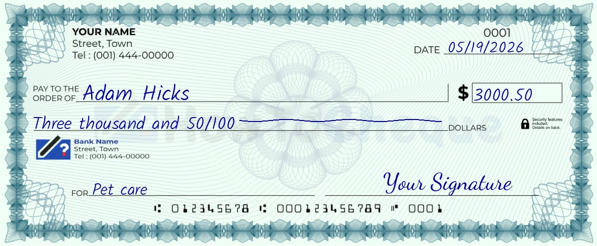 Example check of 3000 dollar 50 cent