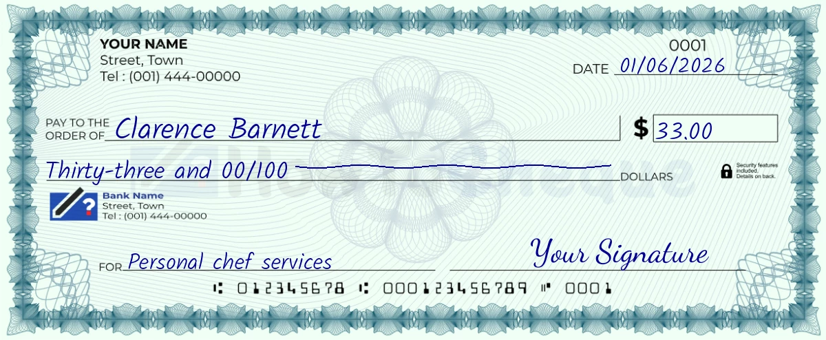 Example check of 33 dollar