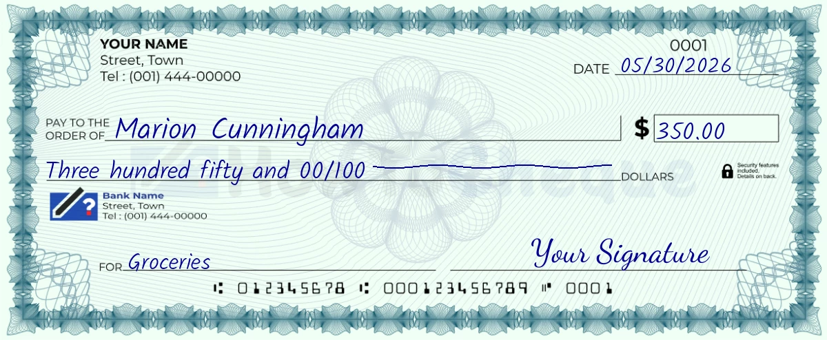 Example check of 350 dollar