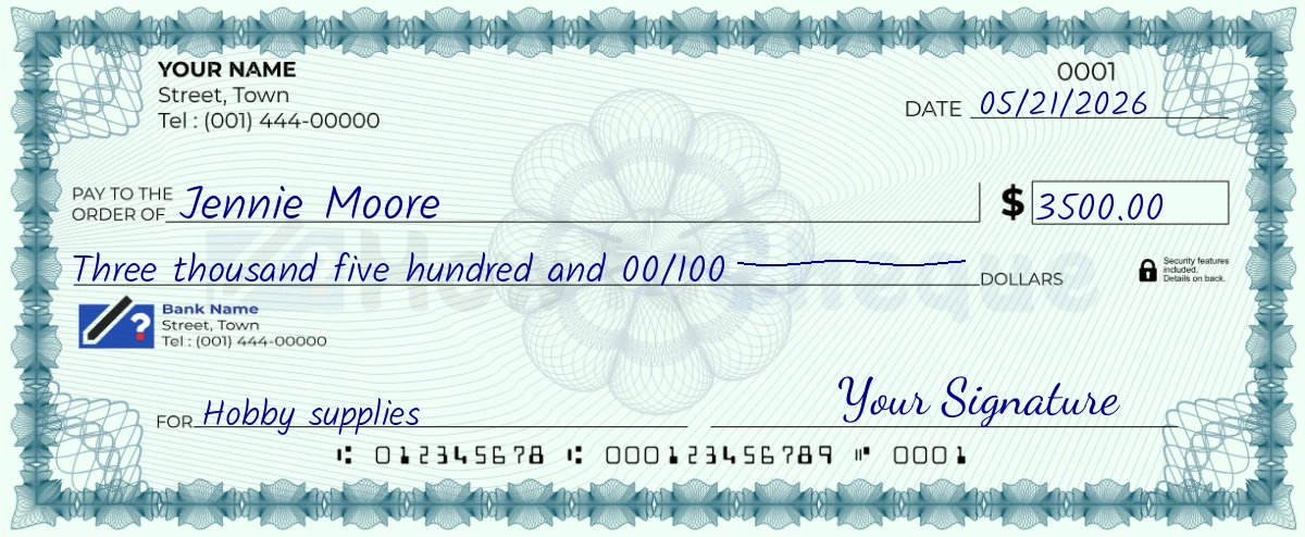 Example check of 3500 dollar
