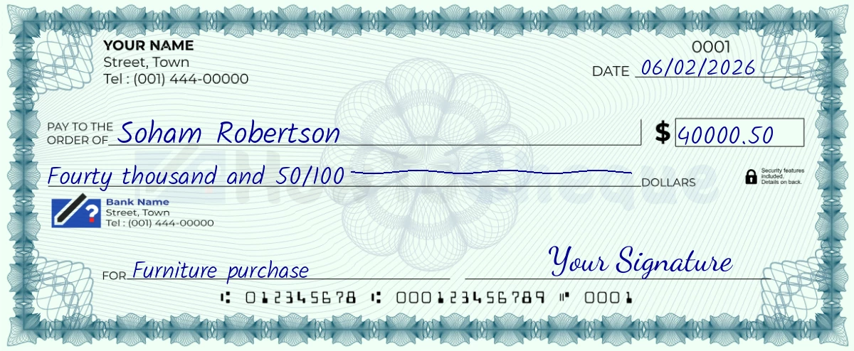 Example check of 40000 dollar 50 cent