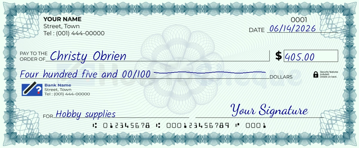 Example check of 405 dollar