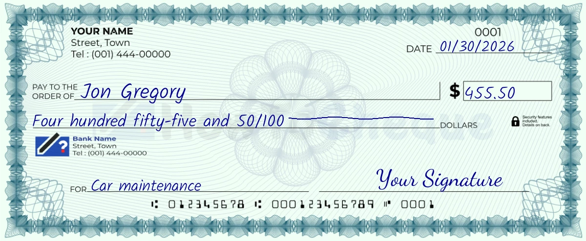 Example check of 455 dollar 50 cent