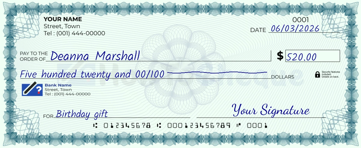 Example check of 520 dollar