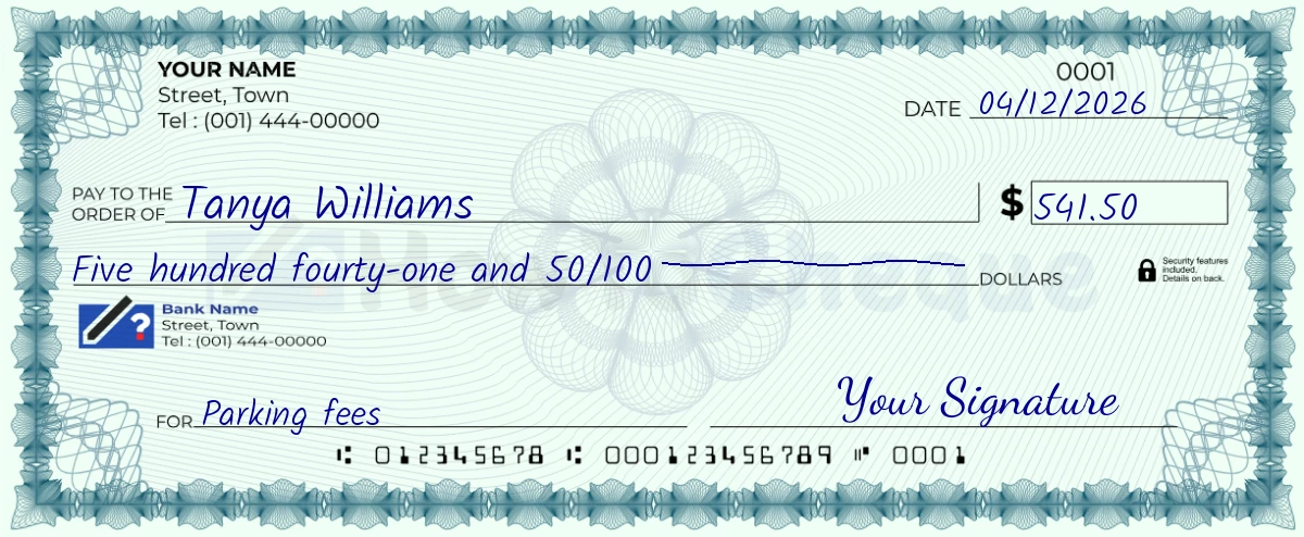 Example check of 541 dollar 50 cent