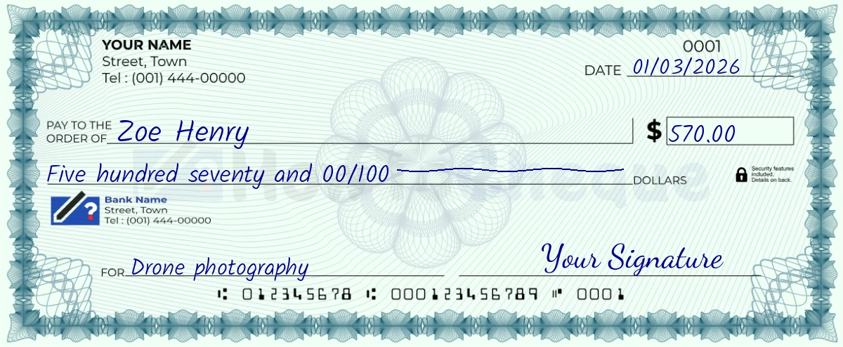 Example check of 570 dollar