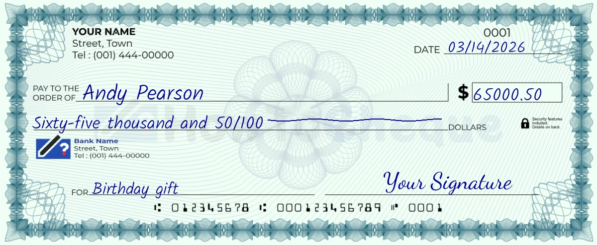 Example check of 65000 dollar 50 cent