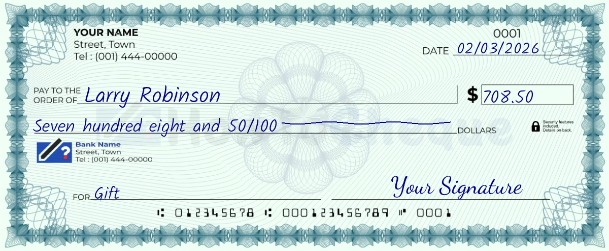 Example check of 708 dollar 50 cent