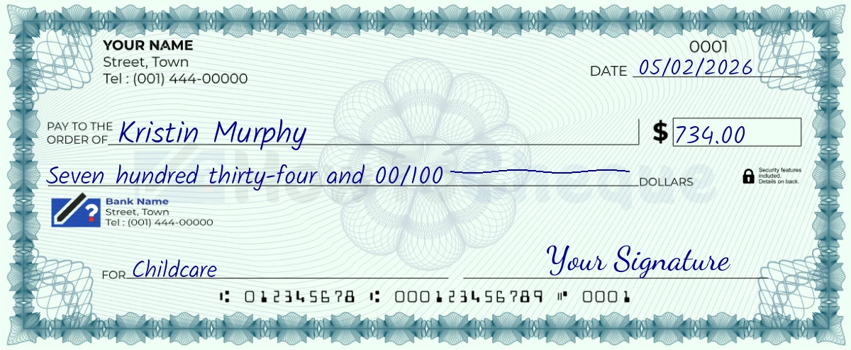 Example check of 734 dollar
