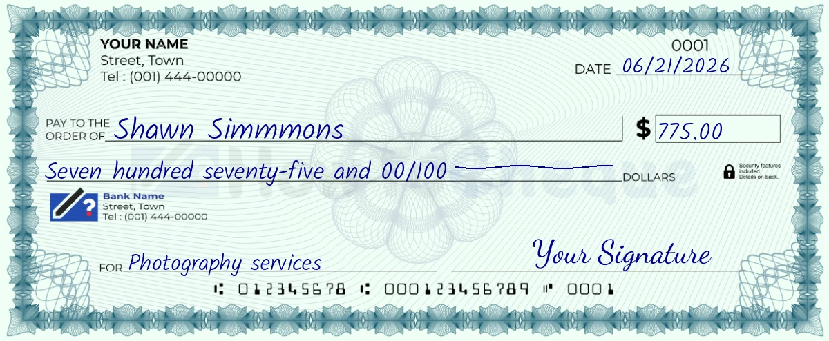 Example check of 775 dollar