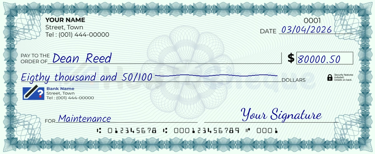 Example check of 80000 dollar 50 cent