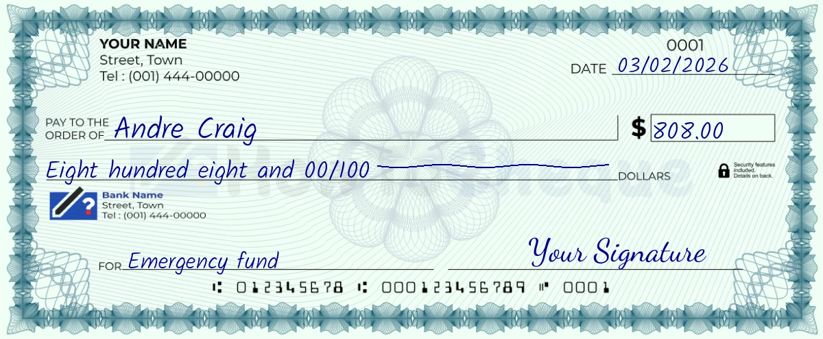 Example check of 808 dollar