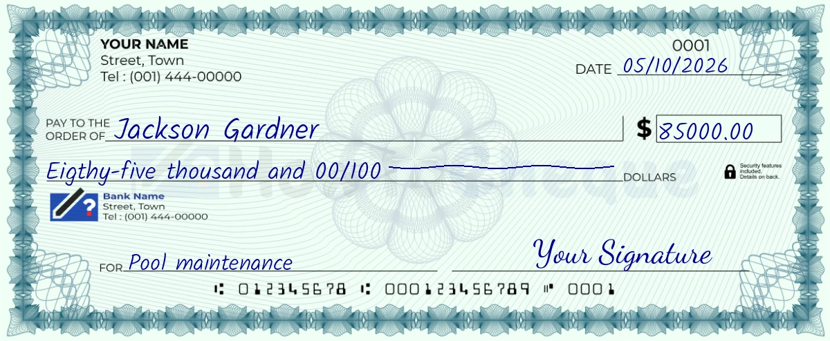 Example check of 85000 dollar