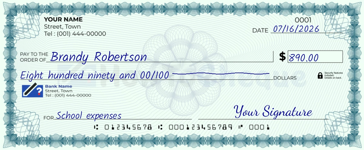 Example check of 890 dollar