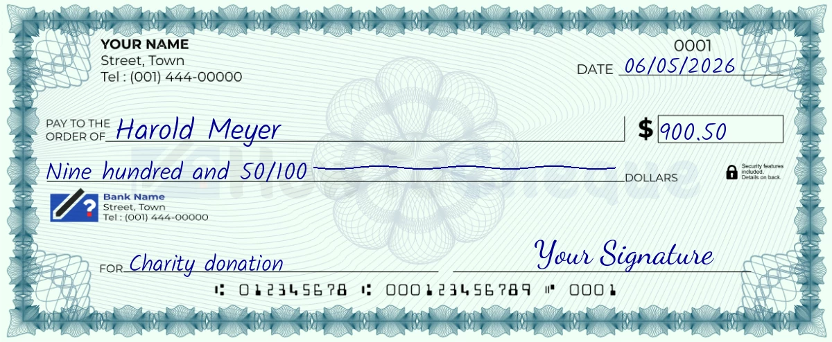 Example check of 900 dollar 50 cent
