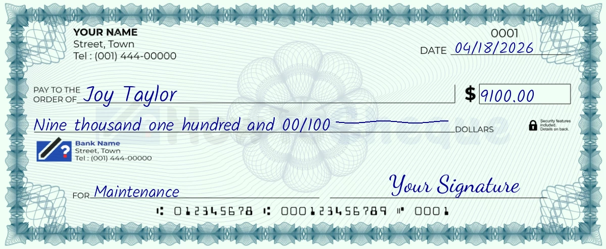 Example check of 9100 dollar