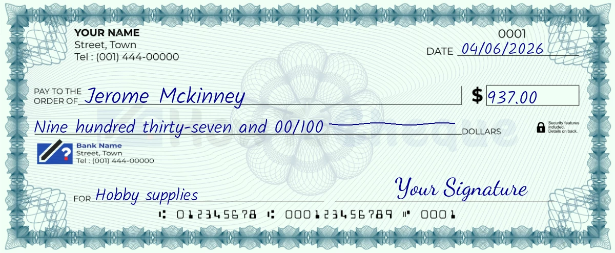 Example check of 937 dollar