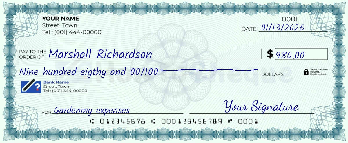 Example check of 980 dollar