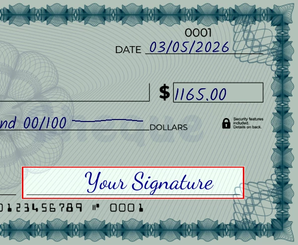 Step 6: Sign the 1165 dollar check, showing a check with a sample signature in the signature field