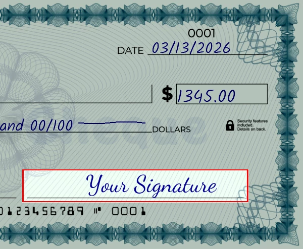 Step 6: Sign the 1345 dollar check, showing a check with a sample signature in the signature field