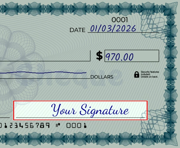 Step 6: Sign the 970 dollar check, showing a check with a sample signature in the signature field