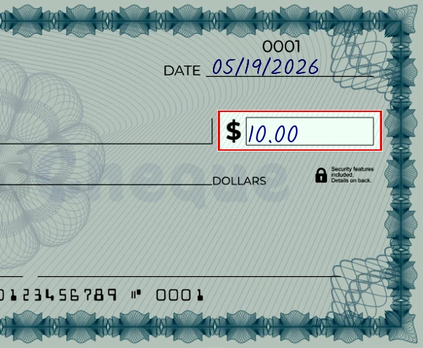 Step 3: Write the amount on the 10 dollar check, showing a check with '10.00' written in the amount field