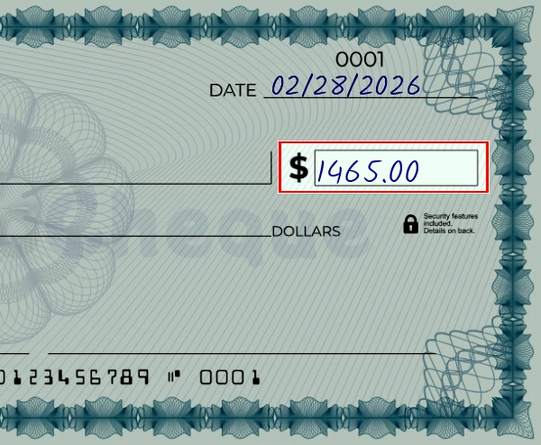 Step 3: Write the amount on the 1465 dollar check, showing a check with '1465.00' written in the amount field