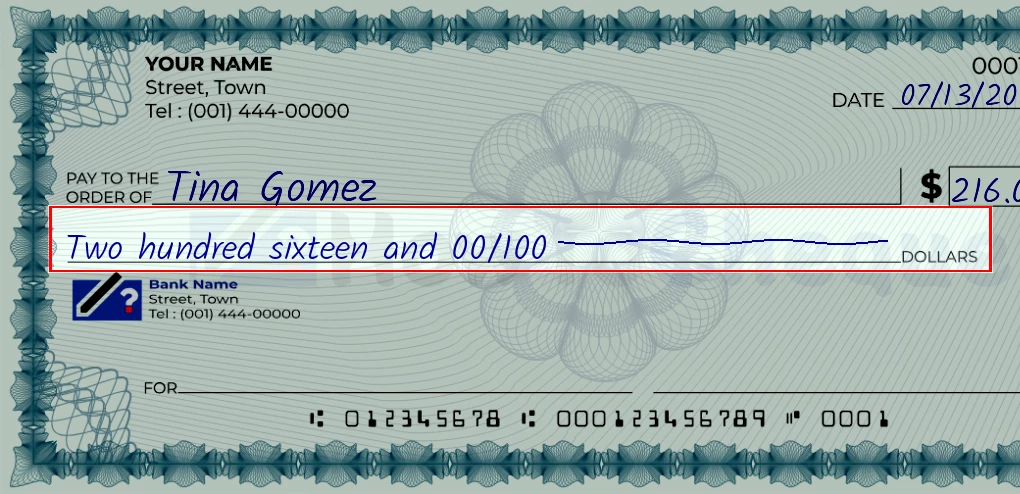 Step 4: Write the amount in words on the 216 dollar check, showing a check with 'Two hundred sixteen and 00/216' written in the amount field