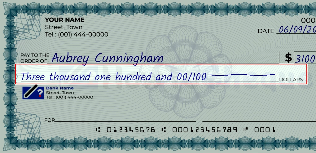 Step 4: Write the amount in words on the 3100 dollar check, showing a check with 'Three thousand one hundred and 00/3100' written in the amount field