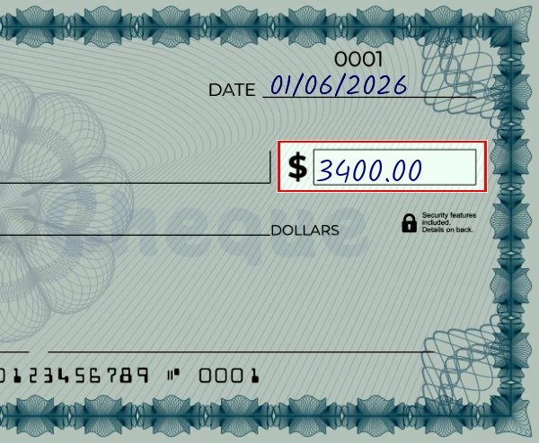 Step 3: Write the amount on the 3400 dollar check, showing a check with '3400.00' written in the amount field