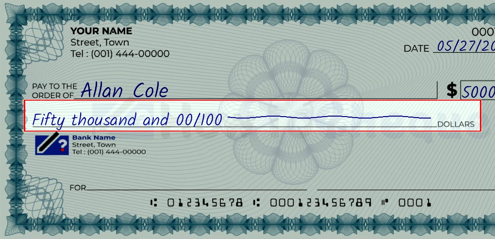Step 4: Write the amount in words on the 50000 dollar check, showing a check with 'Fifty thousand and 00/50000' written in the amount field