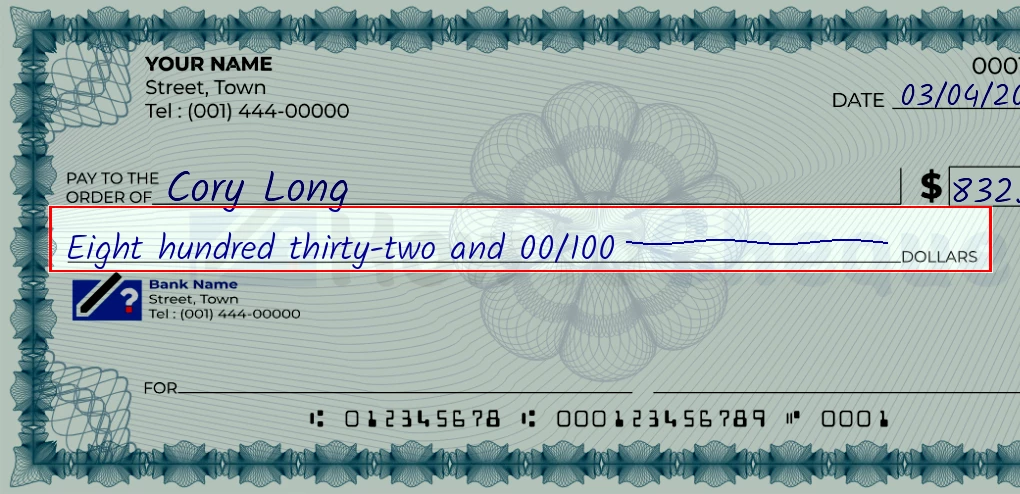 Step 4: Write the amount in words on the 832 dollar check, showing a check with 'Eight hundred thirty-two and 00/832' written in the amount field