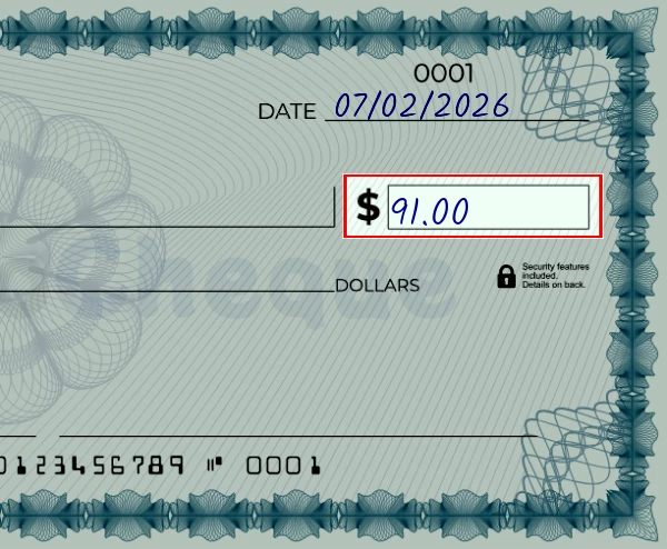 Step 3: Write the amount on the 91 dollar check, showing a check with '91.00' written in the amount field