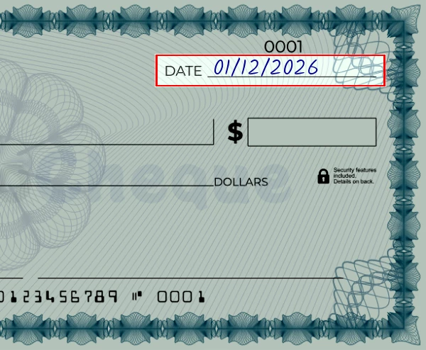 Step 1: Write the date on the 1495 dollar check, showing a blank check with the date field filled as 03/23/2023