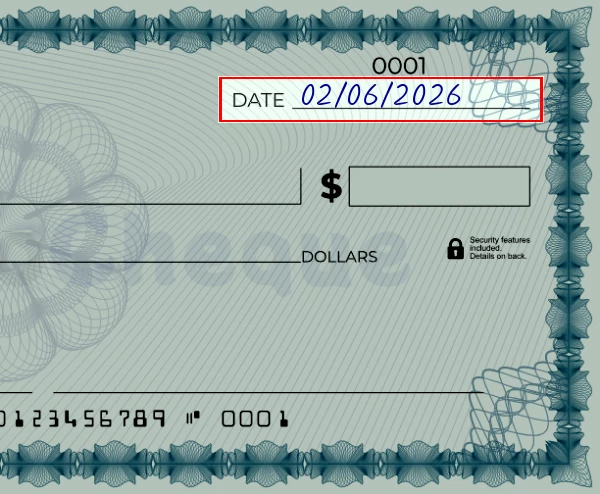 Step 1: Write the date on the 1720 dollar check, showing a blank check with the date field filled as 03/23/2023