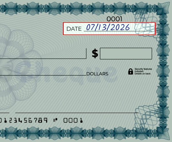 Step 1: Write the date on the 216 dollar check, showing a blank check with the date field filled as 03/23/2023