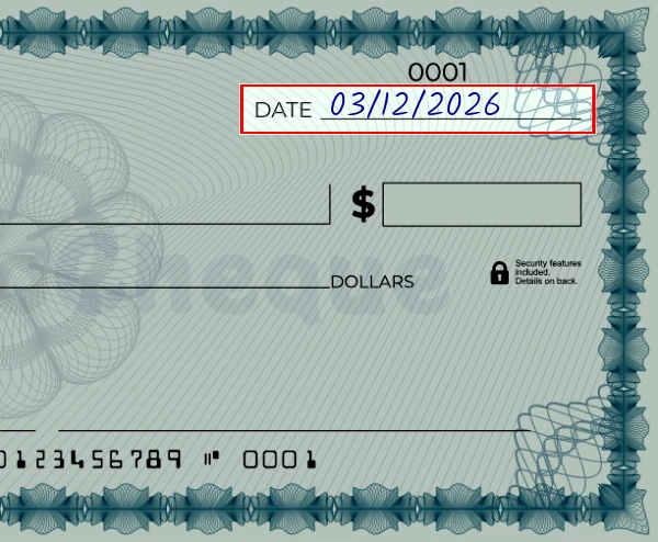 Step 1: Write the date on the 368 dollar check, showing a blank check with the date field filled as 03/23/2023