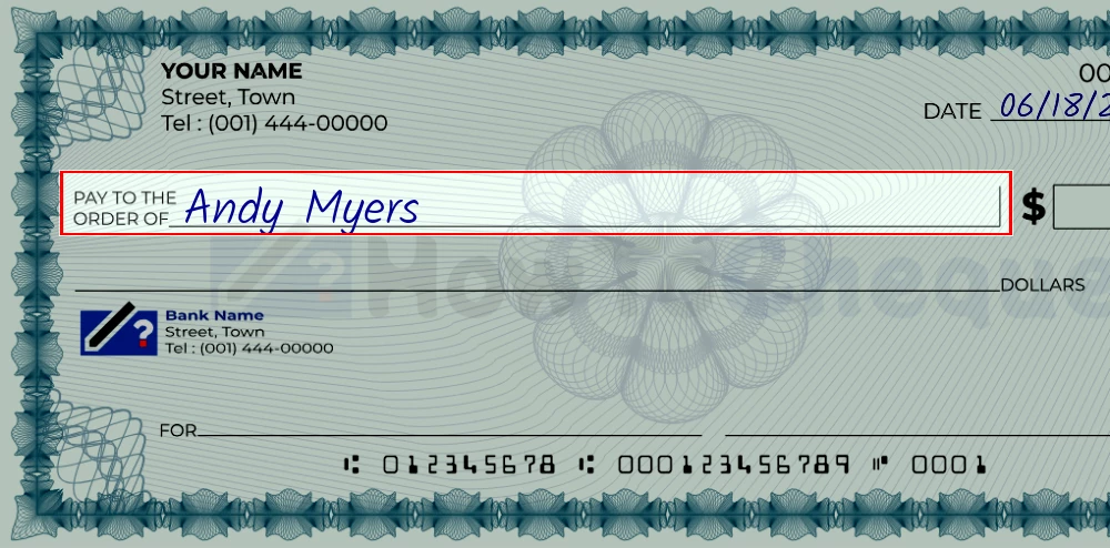 Step 2: Write the payee's name on the 107 dollar check, showing a check with 'Andy Myers' written in the payee field