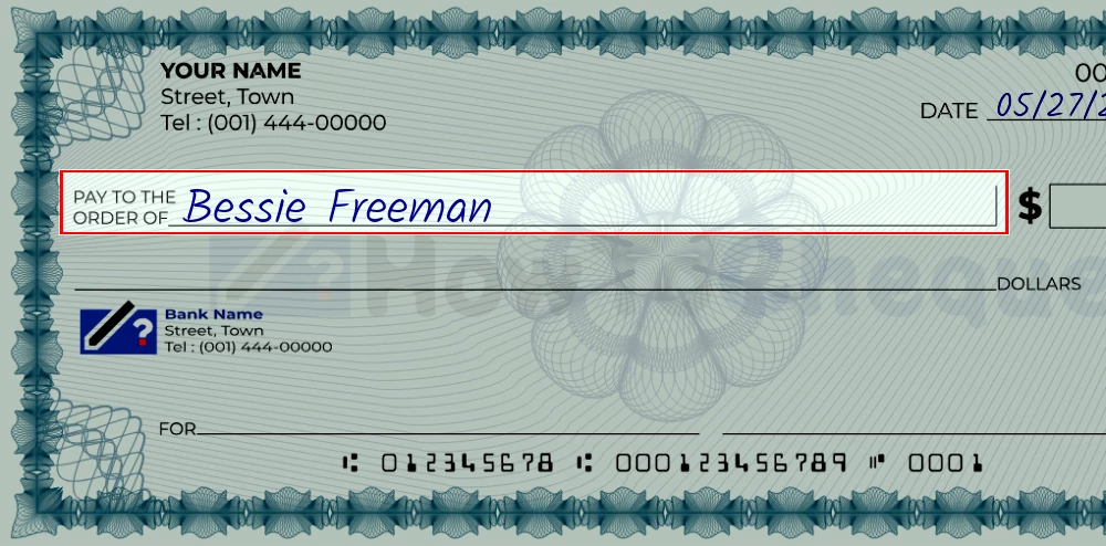 Step 2: Write the payee's name on the 500 dollar check, showing a check with 'Bessie Freeman' written in the payee field
