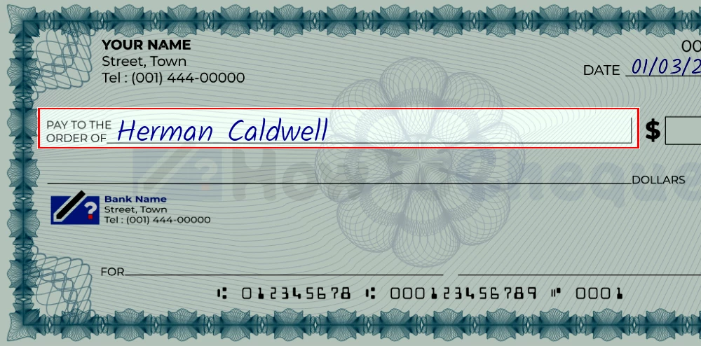 Step 2: Write the payee's name on the 970 dollar check, showing a check with 'Herman Caldwell' written in the payee field
