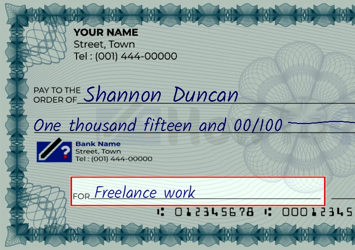 Step 5: Fill out the memo on the 1015 dollar check, showing a check with 'Freelance work' written in the memo field