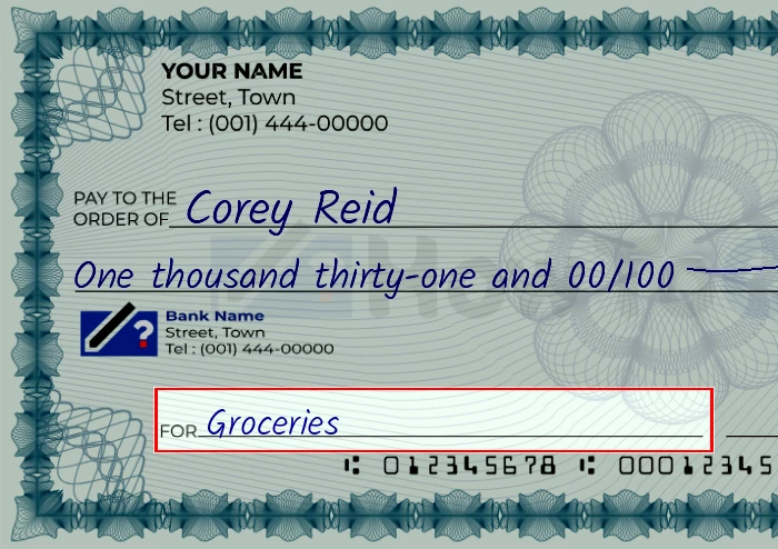 Step 5: Fill out the memo on the 1031 dollar check, showing a check with 'Groceries' written in the memo field