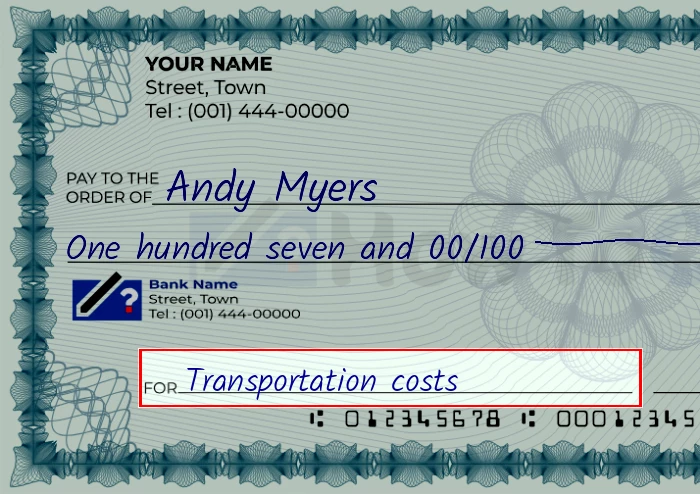 Step 5: Fill out the memo on the 107 dollar check, showing a check with 'Transportation costs' written in the memo field