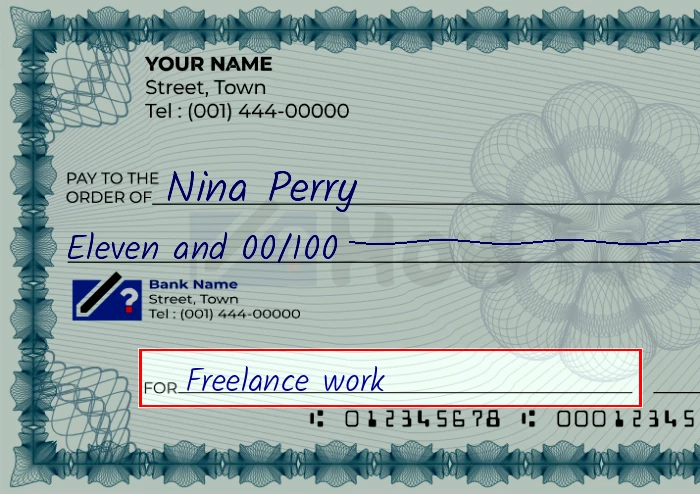 Step 5: Fill out the memo on the 11 dollar check, showing a check with 'Freelance work' written in the memo field