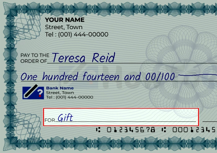 Step 5: Fill out the memo on the 114 dollar check, showing a check with 'Gift' written in the memo field