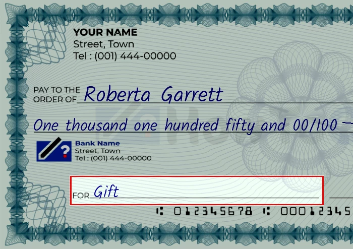 Step 5: Fill out the memo on the 1150 dollar check, showing a check with 'Gift' written in the memo field