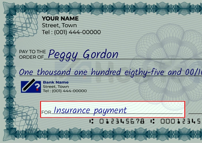 Step 5: Fill out the memo on the 1185 dollar check, showing a check with 'Insurance payment' written in the memo field