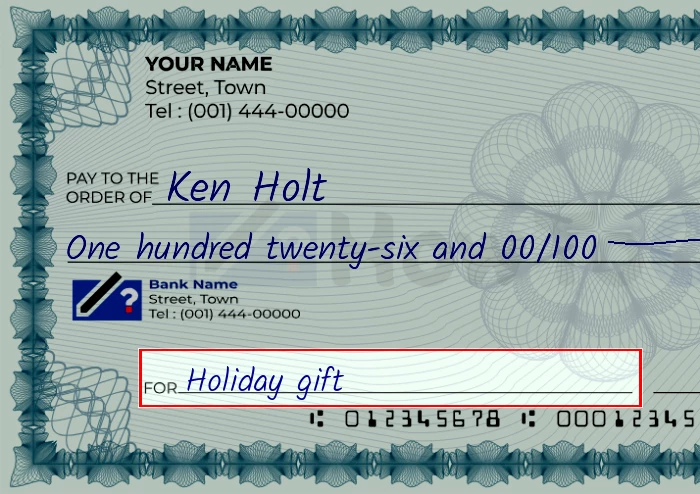 Step 5: Fill out the memo on the 126 dollar check, showing a check with 'Holiday gift' written in the memo field
